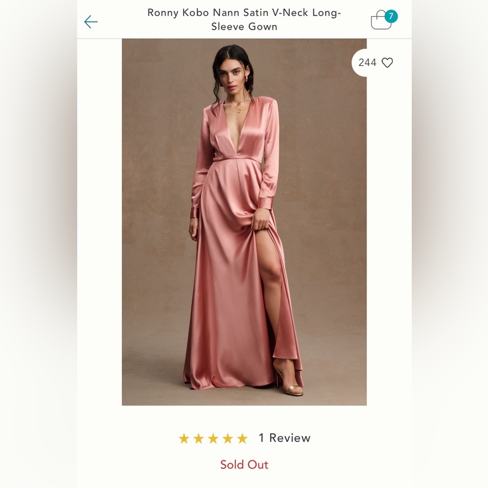 BHLDN Satin Dusty Rose Long-Sleeve V-Neck Wedding Dress - Picture 2 of 4